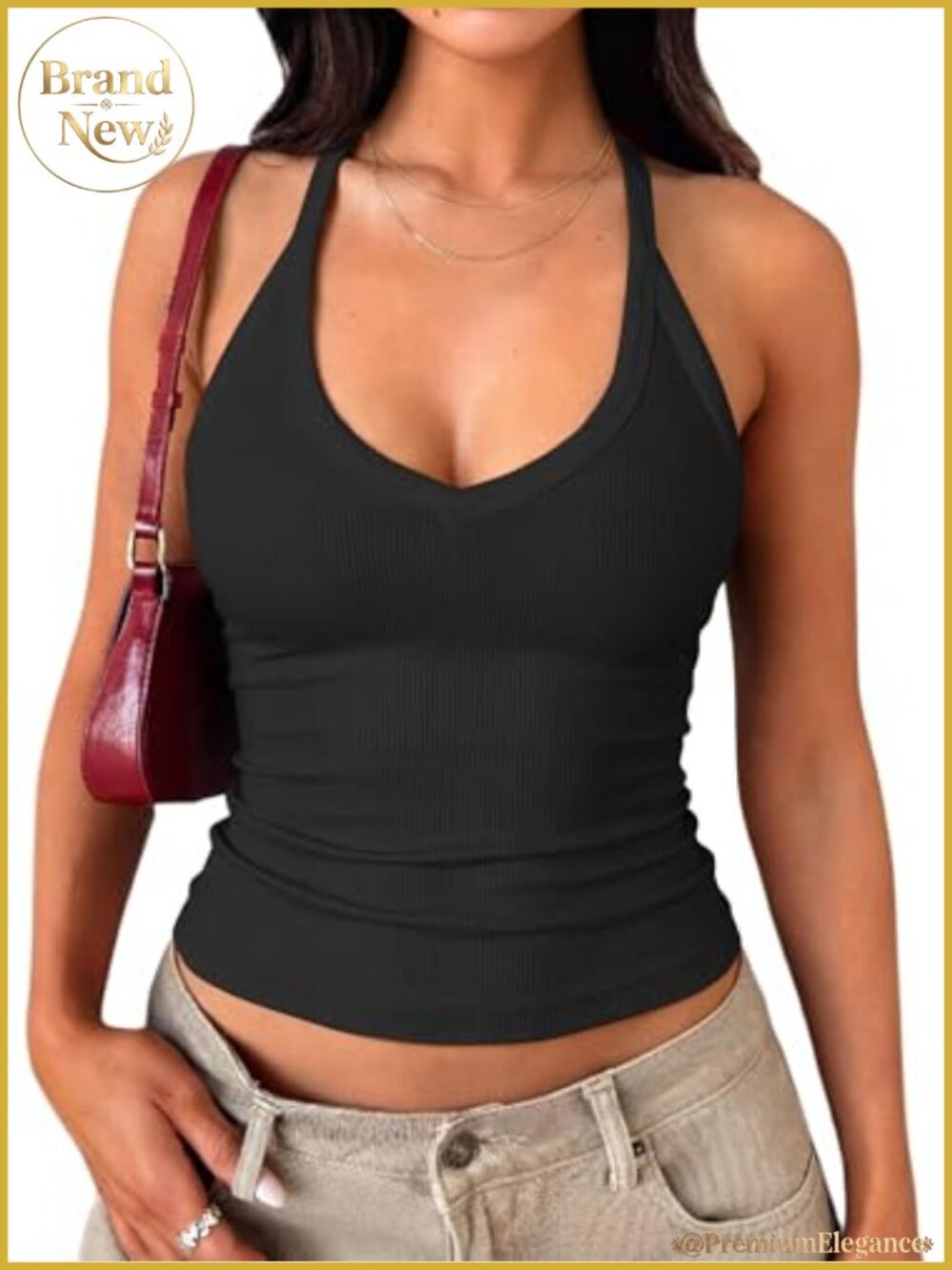 Women's Built-in Bra Tank Top Racerback V-Neck Cotton Ribbed